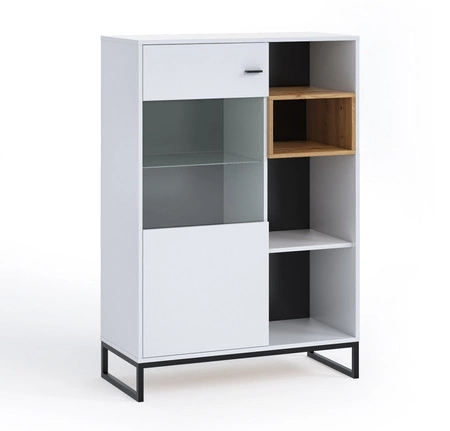Nízká vitrína Olier 90 cm bílá jednoduchý tvar moderní design kovový rám černá industriální vitrína v loftovém stylu