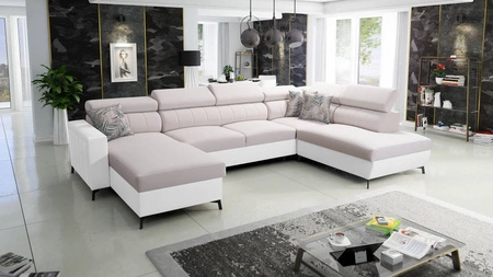 Rohová sedací souprava s funkcí spaní Savona VI krémová / bílá levá elegantní a pohodlná rohová sedací souprava do obývacího pokoje dvě nádoby na lůžkoviny