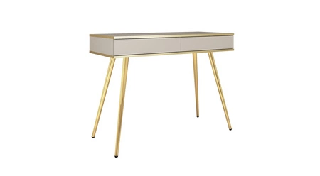 Luxusní béžová konzola se zásuvkami Stylový a elegantní toaletní stolek na vysokých nohách, jehož tělo je doplněno zlatou lištou