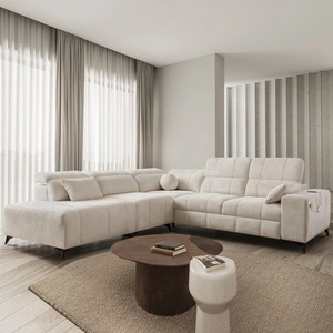 Rohová sedací souprava s funkcí spaní Penejos IX krémová levá stylová rohová sedací souprava s kontejnery na lůžkoviny pohodlné nastavitelné opěrky hlavy