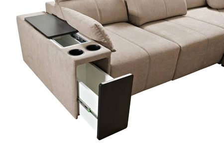 Rohová sedací souprava s funkcí spaní Tesalia VIII béžová pravá komfortní rohová sedací souprava do obývacího pokoje s inovativní funkcí posuvného opěradla