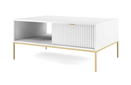Konferenční stolek Lovro bílý se zásuvkami moderní design deska odolná proti rozlití zlaté kovové nohy