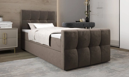 Kontinentální postel Manhattan 100x200 světle hnědá v moderním skandinávském stylu s čalouněným čelem a nohou postele s úložným boxem