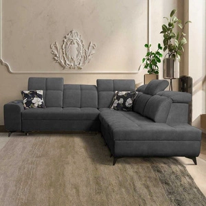 Rohová sedací souprava s funkcí spaní Buffalo IX grafitová pravá strana Stylová rohová sedací souprava do pokoje z velurové tkaniny Dekorační polštáře