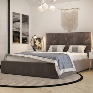 Čalouněná postel Hestia 180x200 s úložným boxem světle hnědá v moderním skandinávském stylu s pohodlnou opěrkou hlavy