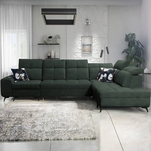 Rohová pohovka s funkcí spaní Buffalo XI zelená pravostranná stylová rohová pohovka se třemi přihrádkami na lůžkoviny velurová tkanina