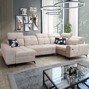 Rohová sedací souprava Buffalo IV s funkcí spaní béžová levá stylová rohová sedací souprava se dvěma lůžkovinami velurová tkanina