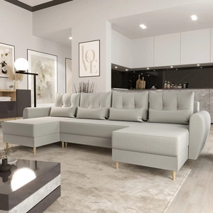 Rohová sedací souprava s funkcí spaní Rovigo U krémová elegantní rohová sedací souprava ve skandinávském tvaru se zaručeným komfortem velký prostor na lůžkoviny