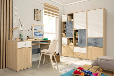 Knihovna se zásuvkami Cary 60 cm dub biskvit / bílá / beton ideální do pokoje pro mládež velmi dobře použitelná má moderní vzhled knihovna se zásuvkami