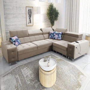 Rohová pohovka s funkcí spaní Hampton II béžová pravá strana stylová rohová rozkládací pohovka měkké čalounění typ látky samet