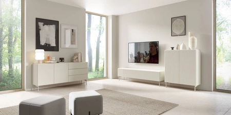 Komoda Muti 177 cm béžová mimořádně módní komoda do obývacího pokoje designové drážky dodávají originalitu kovové nohy