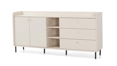 Komoda Ferdi 194 cm béžová písková elegantní design vysoký okraj horních čel obohacený zlatými úchyty
