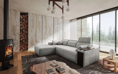 Rohová sedací souprava s funkcí spaní Tesalia šedý jasan levá moderní design pohodlný posuvný opěrák zásuvka v boku nábytku
