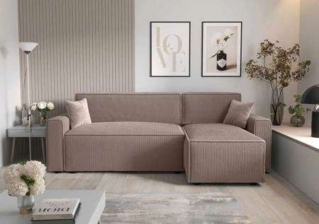 Rohová sedací souprava s funkcí spaní Brandon Bis světle hnědý pravý roh trojrozměrná látka s výrazným pruhem podestýlky nádoba