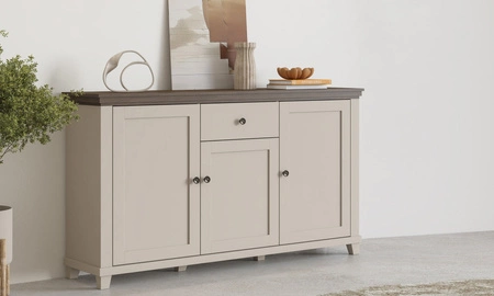 Komoda Evora 160 cm béžová / dub dunin funkční ideální pro moderní klasické a skandinávské interiéry