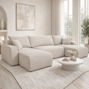 Rohová sedací souprava s funkcí spaní Fiesta U světle béžová stylová rohová sedací souprava zajímavého tvaru s látkou s plyšovým povrchem nádoby na lůžkoviny