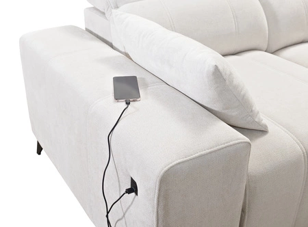 Rohová pohovka s funkcí spaní Penejos XI krémová pravá pohodlná rohová pohovka s nastavitelnými opěrkami hlavy a dvěma přihrádkami na lůžkoviny