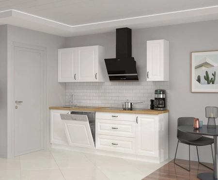 Sada kuchyňského nábytku Snow 230 cm skříňky vypadají skvěle ve skandinávských klasických i moderních interiérech