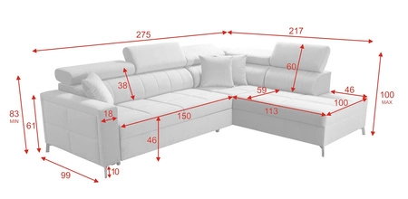 Rohová sedací souprava s funkcí spaní Nausa III šedá pravá sametová stylová pohodlná rohová sedací souprava nastavitelné opěrky hlavy nádoba na lůžkoviny