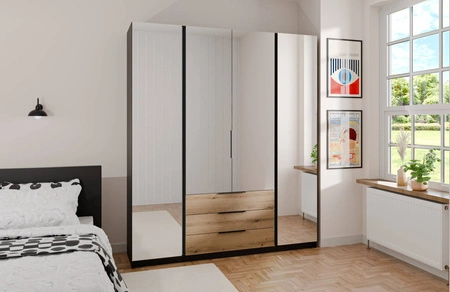 Zrcadlová šatní skříň Kastano VI 200 cm černá / dub evokuje klasický tvar hrany úchytek ideální šatní skříň do ložnice prostorné zásuvky