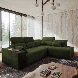 Rohová sedací souprava s funkcí spaní Tesalia VII zelená pravá strana moderní design pohodlné posuvné opěradlo zásuvka v boku nábytku