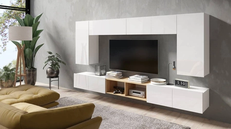 Nábytek Apulia XXIII bílý lesk / zlatý dub výjimečně stylová nástěnná skříňka jednoduché jednotky hodící se do každého interiéru