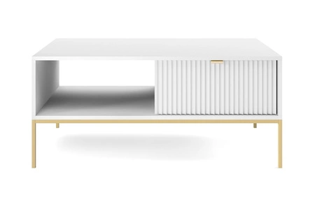 Nábytková sestava Lovro bílá moderní designová nástěnná skříňka do obývacího pokoje nebo zasedací místnosti obohacená o zlaté kovové doplňky