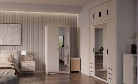 Zrcadlová šatní skříň Rene 90 cm béžová písková klasický design jednoduchý tvar ideální šatní skříň do ložnice nebo předsíně hrany s povrchovou úpravou ABS