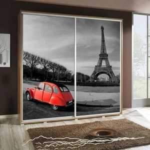 Posuvná skříň Artistino 205 cm s grafikou Paris Korpus skříně z dubu catania z desky o tloušťce 22 mm