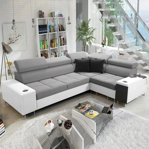 Rohová sedací souprava s funkcí spaní Dafni II šedobílá pravostranná proplétaná rohová sedací souprava s úložným prostorem na lůžkoviny s celočalouněnou zásuvkou