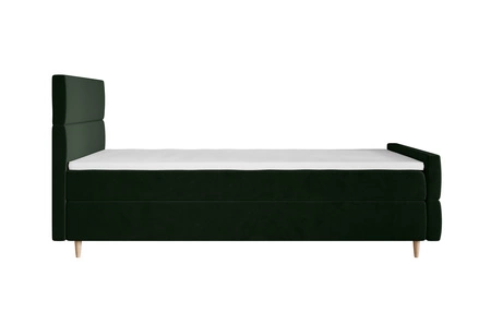 Kontinentální postel Benet 90x200 lahvově zelená v moderním skandinávském stylu s čalouněným čelem a nohou postele s úložným boxem
