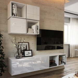 Nástěnná skříňka Perisa bílá / bílý lesk Minimalistický design nástěnné skříňky do obývacího pokoje nebo zasedací místnosti Systém push to open