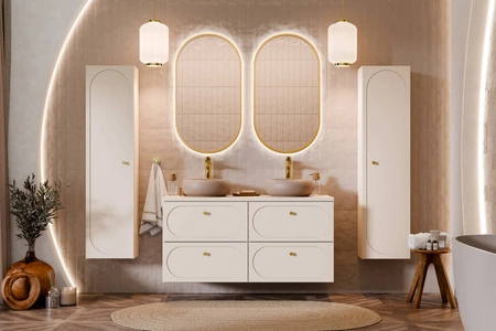 Koupelnový nábytek Donna Sand béžová elegantní koupelnové skříňky s ozdobným zaobleným frézováním na čelech zlaté úchytky