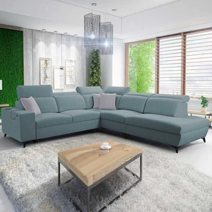 Pravá rohová pohovka Kelly Sleek IX arctic blue s funkcí spaní, pohodlnými područkami a nastavitelnými opěrkami hlavy
