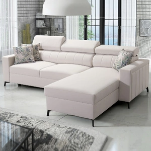 Rohová sedací souprava s funkcí spaní Savona krémová pravý roh pohodlná a elegantní s nastavitelnými opěrkami hlavy dekorativní prošívání