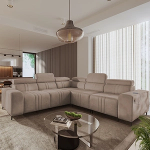 Rohová sedací souprava s funkcí spaní Castel III světle hnědá pravá rohová sedací souprava se dvěma kontejnery na lůžkoviny s nastavitelnými opěrkami hlavy