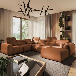 Rohová pohovka s funkcí spaní Cantare VIII cihlově červená pravostranná vkusná rohová sedací souprava s polohovatelnými opěrkami hlavy nádoby na lůžkoviny