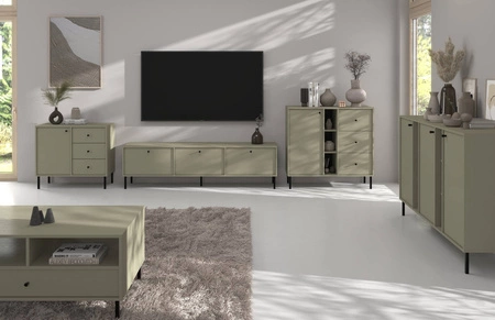 Sada nábytku do obývacího pokoje Kioto II eukalyptus stylový design elegantní nábytek podepřený kovovými černými nohami subtilní úchyty