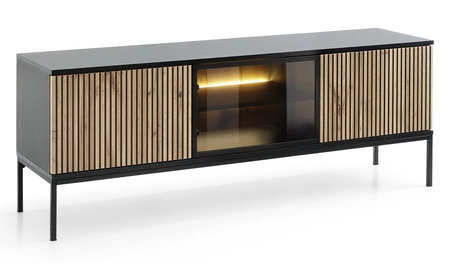 RTV skříňka Amma 154 cm černá / dub wotan elegantní forma nábytku v moderním stylu vkusné rýhované čelo bezpečné tvrzené sklo