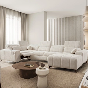 Rohová pohovka s funkcí spaní Penejos IV Lux krémová pravostranná stylová rohová pohovka s pohodlnou výsuvnou podnožkou