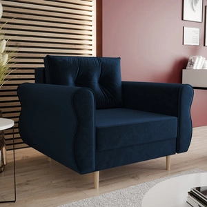 Křeslo Wilkins navy blue elegantní křeslo do obývacího pokoje s prostorným a měkkým sedákem dřevěné nohy dodávají optickou lehkost