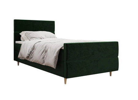 Kontinentální postel Benet 90x200 lahvově zelená v moderním skandinávském stylu s čalouněným čelem a nohou postele s úložným boxem