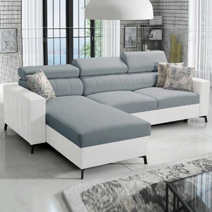 Rohová pohovka s funkcí spaní Savona arctic blue / white levá elegantní rohová pohovka nastavitelné opěrky hlavy dekorativní prošívání