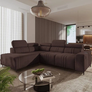 Rohová pohovka s funkcí spaní Castel VII hnědá levostranná stylová rohová pohovka s úložným prostorem na lůžkoviny a nastavitelnými opěrkami hlavy