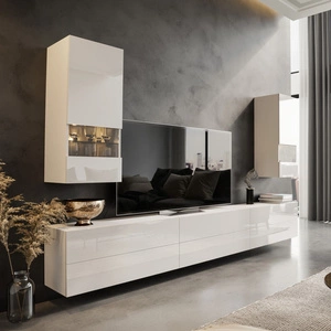 Nástěnná skříňka Pirgos bílá / bílý lesk Minimalistický design nástěnné skříňky pro obývací pokoj nebo zasedací místnost Systém push to open