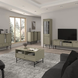 Sestava nábytku do obývacího pokoje Kioto III z eukalyptu stylový design elegantní nábytek v tlumených barvách obohacený černým rámem