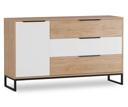 Komoda se zásuvkami Imola 135 cm dub hickory / bílá funkční ideální pro interiéry v industriálním a loftovém stylu stabilní kovová základna
