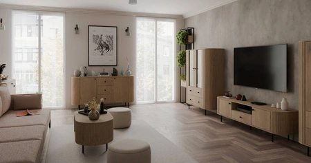 Komoda Ovalio 165 cm dub cremona moderní tvar oválná komoda do obývacího pokoje dekorativní frézování na korpusu