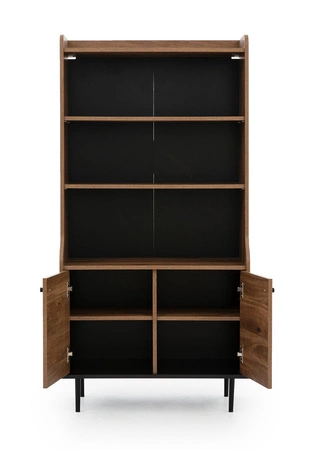 Policový regál Apallo 80 cm brandy dub castello výrazný design masivní sestava na kovové základně zakřivená linie korpusu