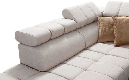 Rohová pohovka s funkcí spaní Bolmso VI béžová levá pohodlná rohová pohovka s nastavitelnými opěrkami hlavy dekorativní prošívání na sedáku